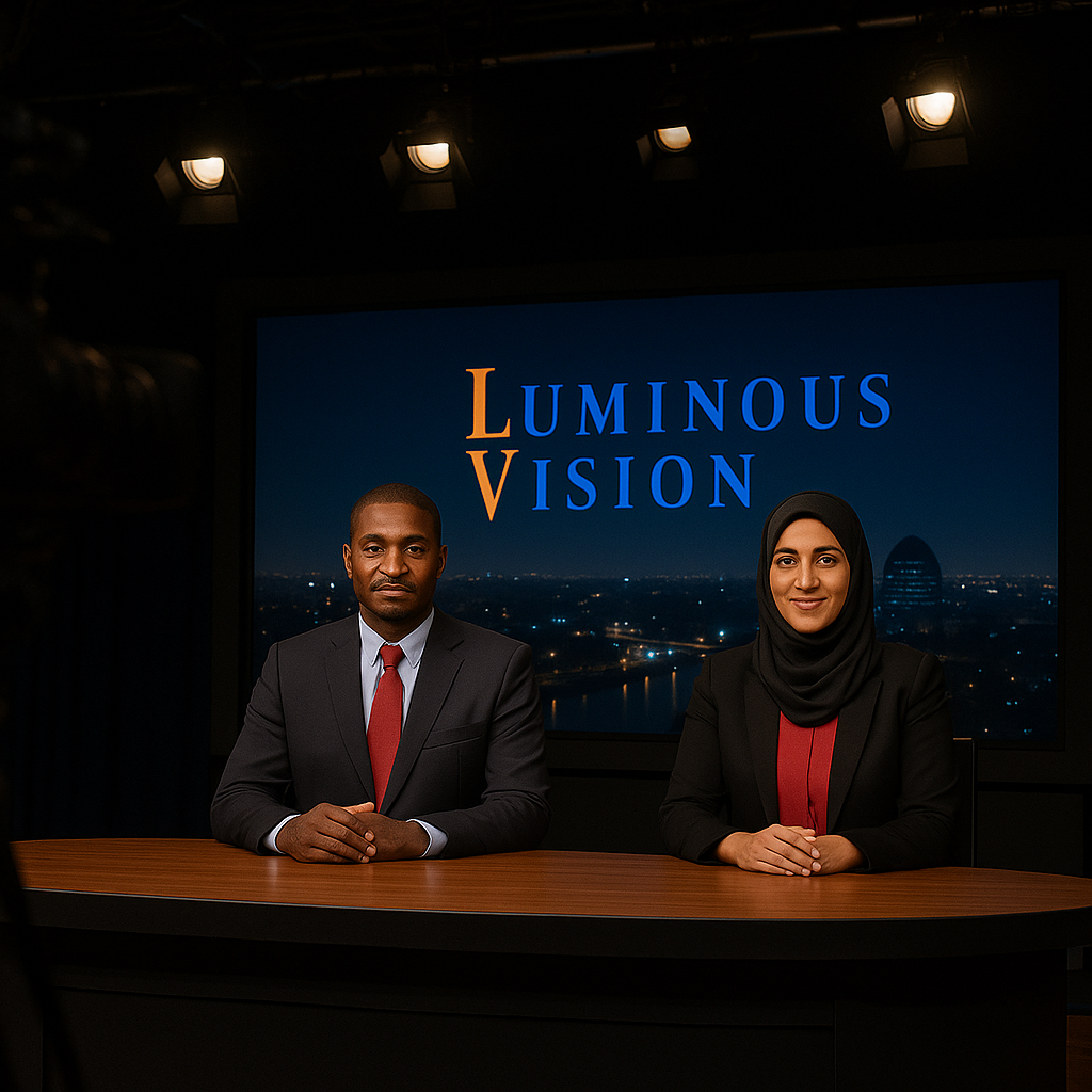 Sudanese news anchors in a modern broadcast studio at Luminous Vision, symbolizing professional video production and acquisition services in Africa
