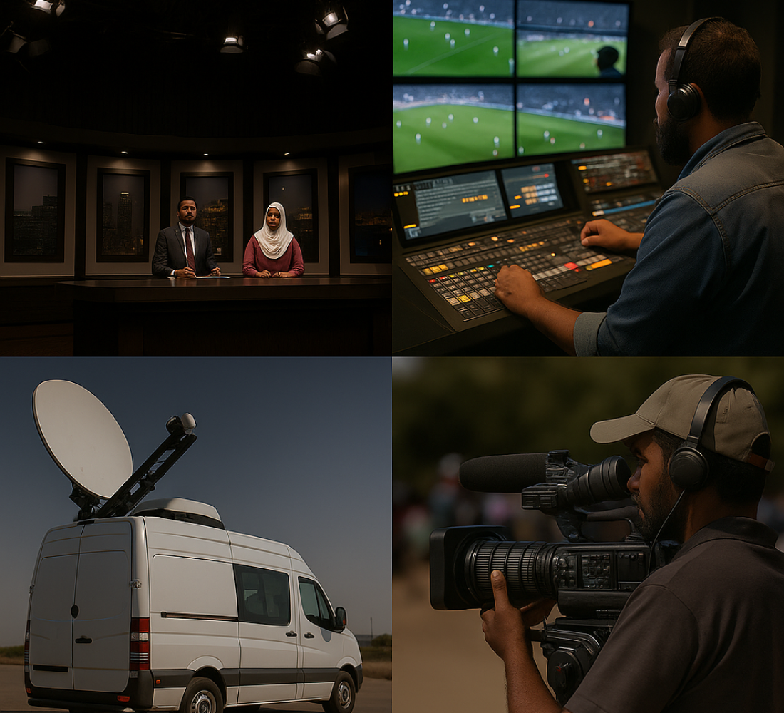 Sudanese media professionals in a modern broadcast studio, satellite vehicle, sports production control room, and outdoor filming scene, representing Luminous Vision’s excellence in broadcast, SNG streaming, and DTL sport production across Africa.